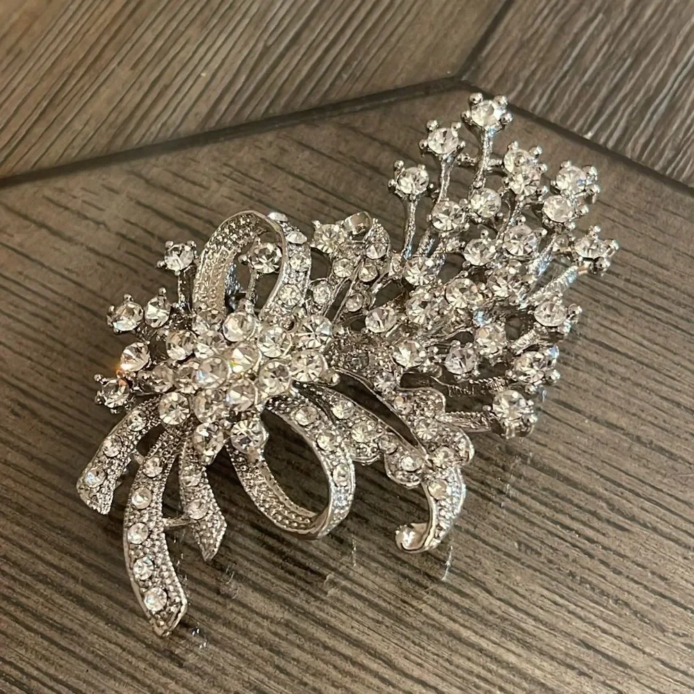 Vintage Silver-tone Rhinestone Floral Spray Floral Arrangement with Bow